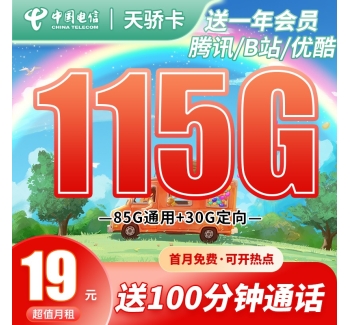 电信天骄卡19元115G+100分钟，送一年B站/腾讯会员！