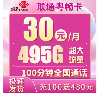 卡世界联通粤畅卡30元495G+100分钟